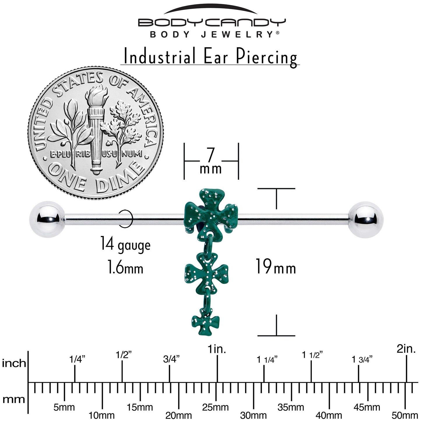 14G Polka Dot Shamrock St Patricks Dangle Industrial Barbell 38mm