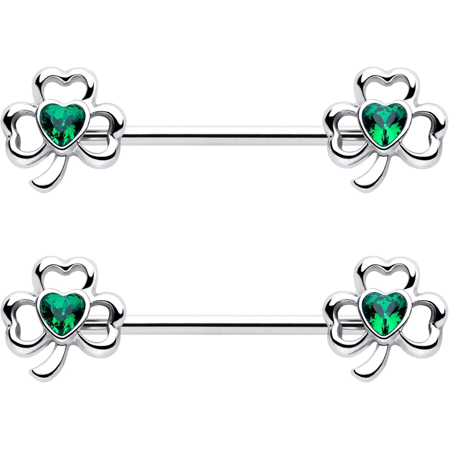 14G 3/4 Green Gem Heart Shamrock St Patricks Nipple Ring Set