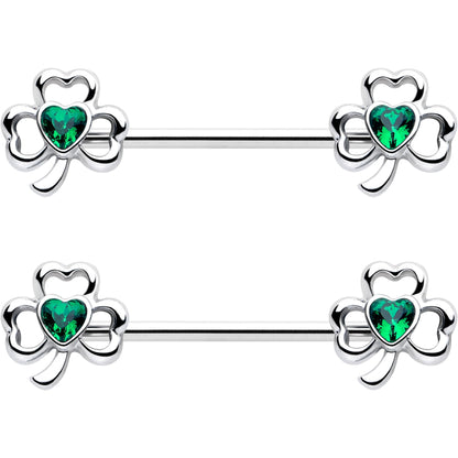 14G 3/4 Green Gem Heart Shamrock St Patricks Nipple Ring Set