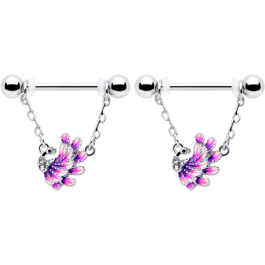 14G 9/16 Clear Gem Peacock Purple Chain Dangle Nipple Ring Set