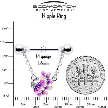 14G 9/16 Clear Gem Peacock Purple Chain Dangle Nipple Ring Set