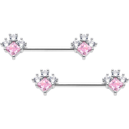 14G 9/16 Pink Clear CZ Gem Rhombus Riot Barbell Nipple Ring Set