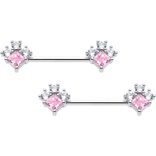 14G 9/16 Pink Clear CZ Gem Rhombus Riot Barbell Nipple Ring Set
