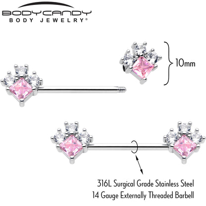 14G 9/16 Pink Clear CZ Gem Rhombus Riot Barbell Nipple Ring Set