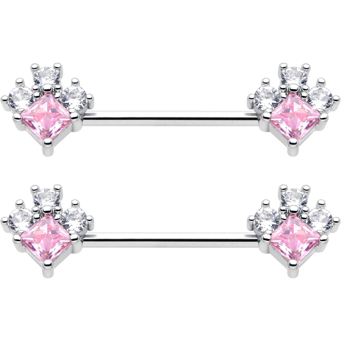 14G 9/16 Pink Clear CZ Gem Rhombus Riot Barbell Nipple Ring Set