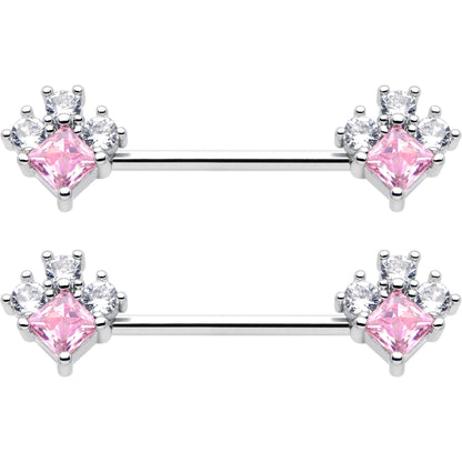 14G 9/16 Pink Clear CZ Gem Rhombus Riot Barbell Nipple Ring Set