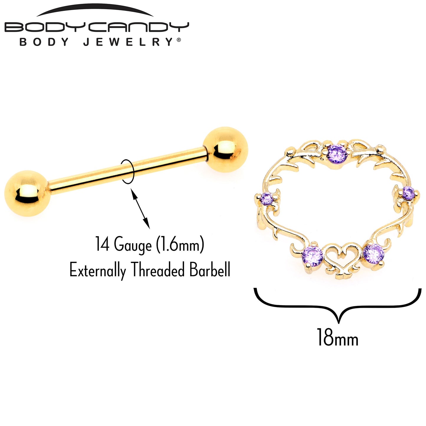 14G 9/16 Purple CZ Gem Gold Tone Heart Filigree Nipple Shield Set