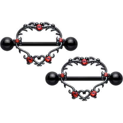 14G 9/16 Red CZ Gem Black Leafy Heart Nipple Shield Set