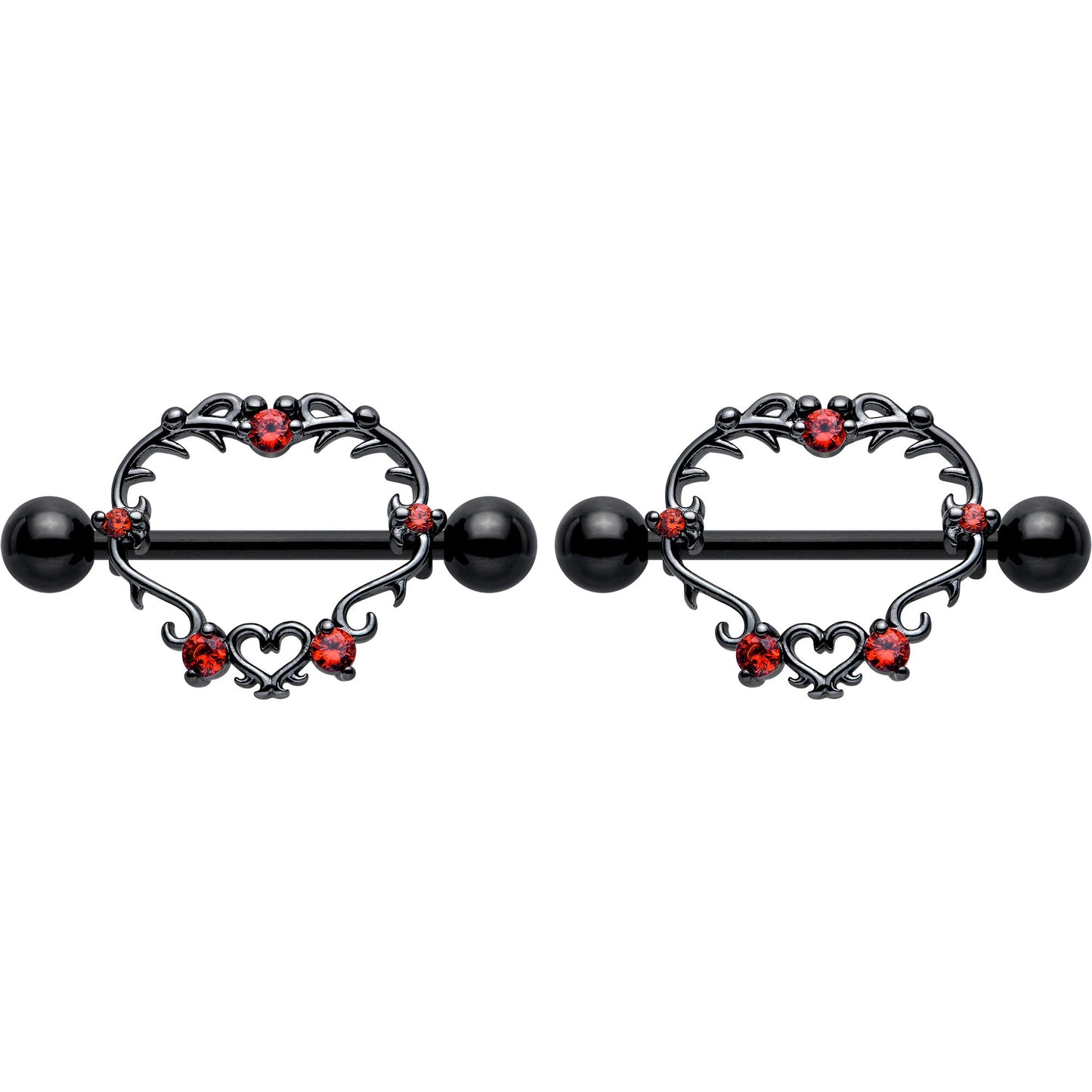 14G 9/16 Red CZ Gem Black Leafy Heart Nipple Shield Set