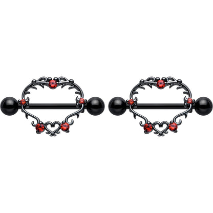 14G 9/16 Red CZ Gem Black Leafy Heart Nipple Shield Set