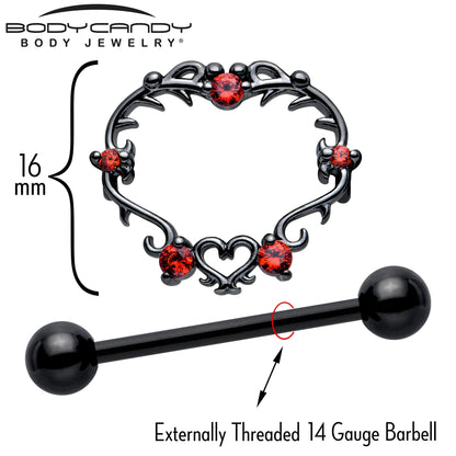 14G 9/16 Red CZ Gem Black Leafy Heart Nipple Shield Set