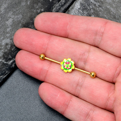 14G Gold Tone Tie Dye Butterfly Style Industrial Barbell 38mm