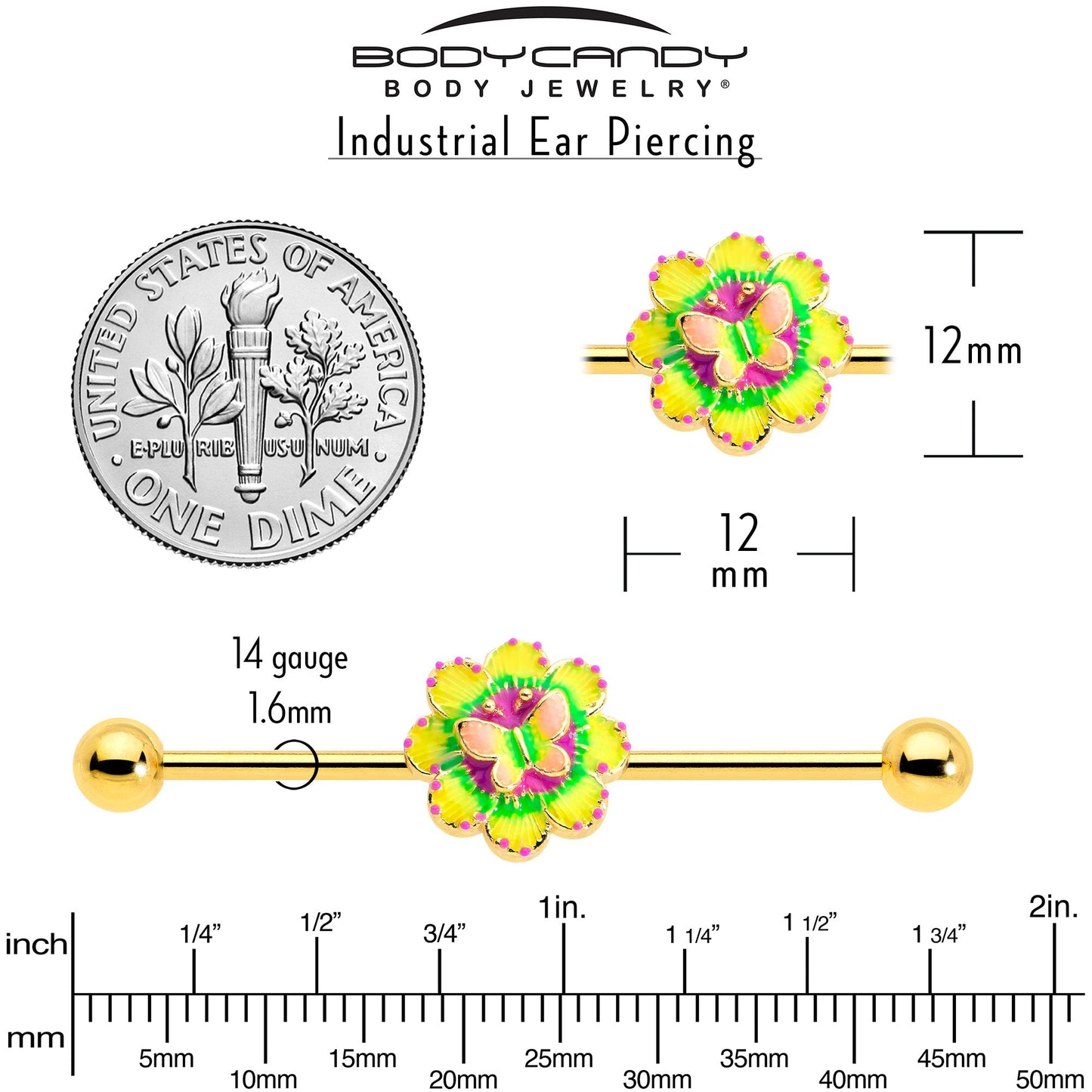 14G Gold Tone Tie Dye Butterfly Style Industrial Barbell 38mm