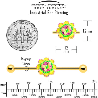 14G Gold Tone Tie Dye Butterfly Style Industrial Barbell 38mm
