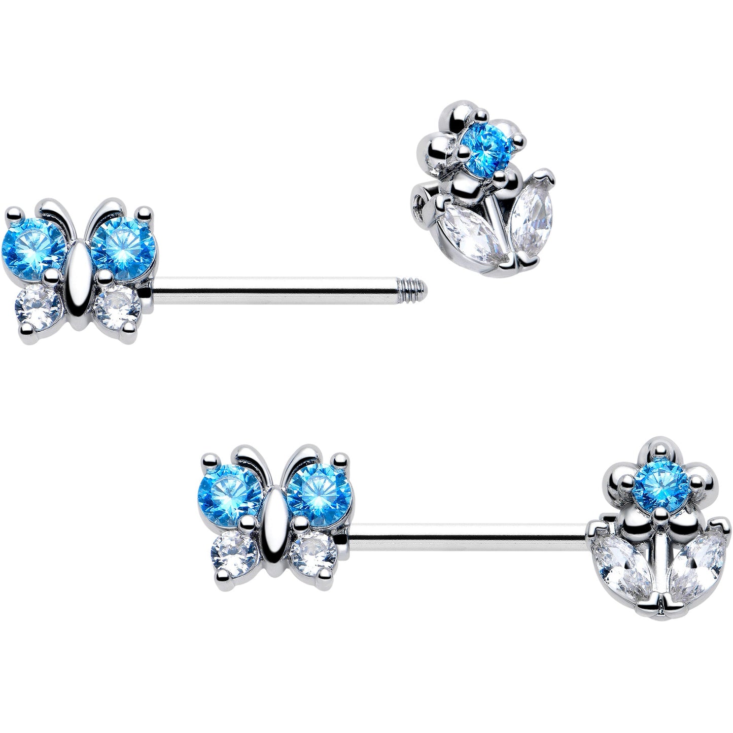 14G 9/16 Blue CZ Gem Butterfly Fantasy Barbell Nipple Ring Set