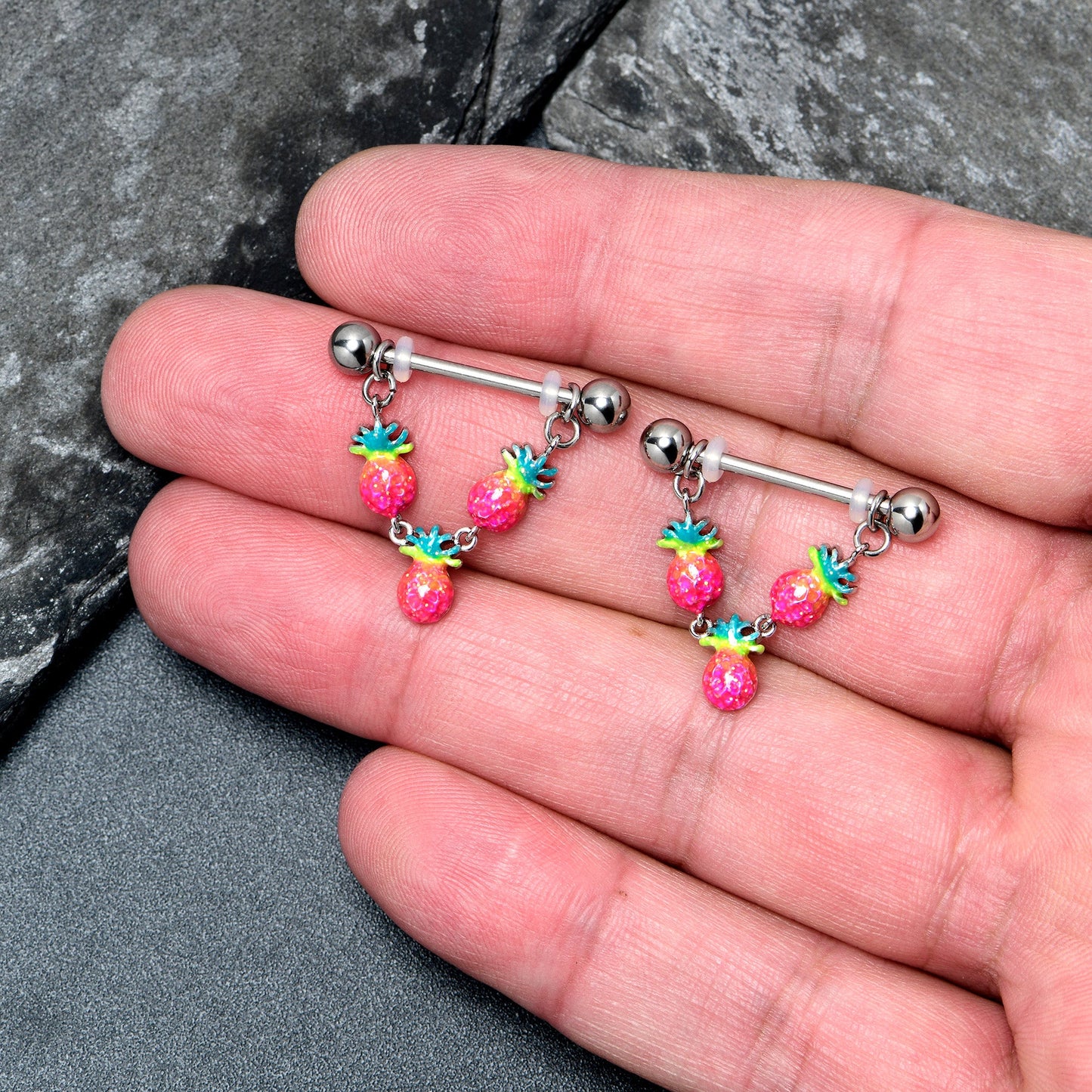 14G 9/16 Hot Tropical Pineapple Dangle Barbell Nipple Ring Set