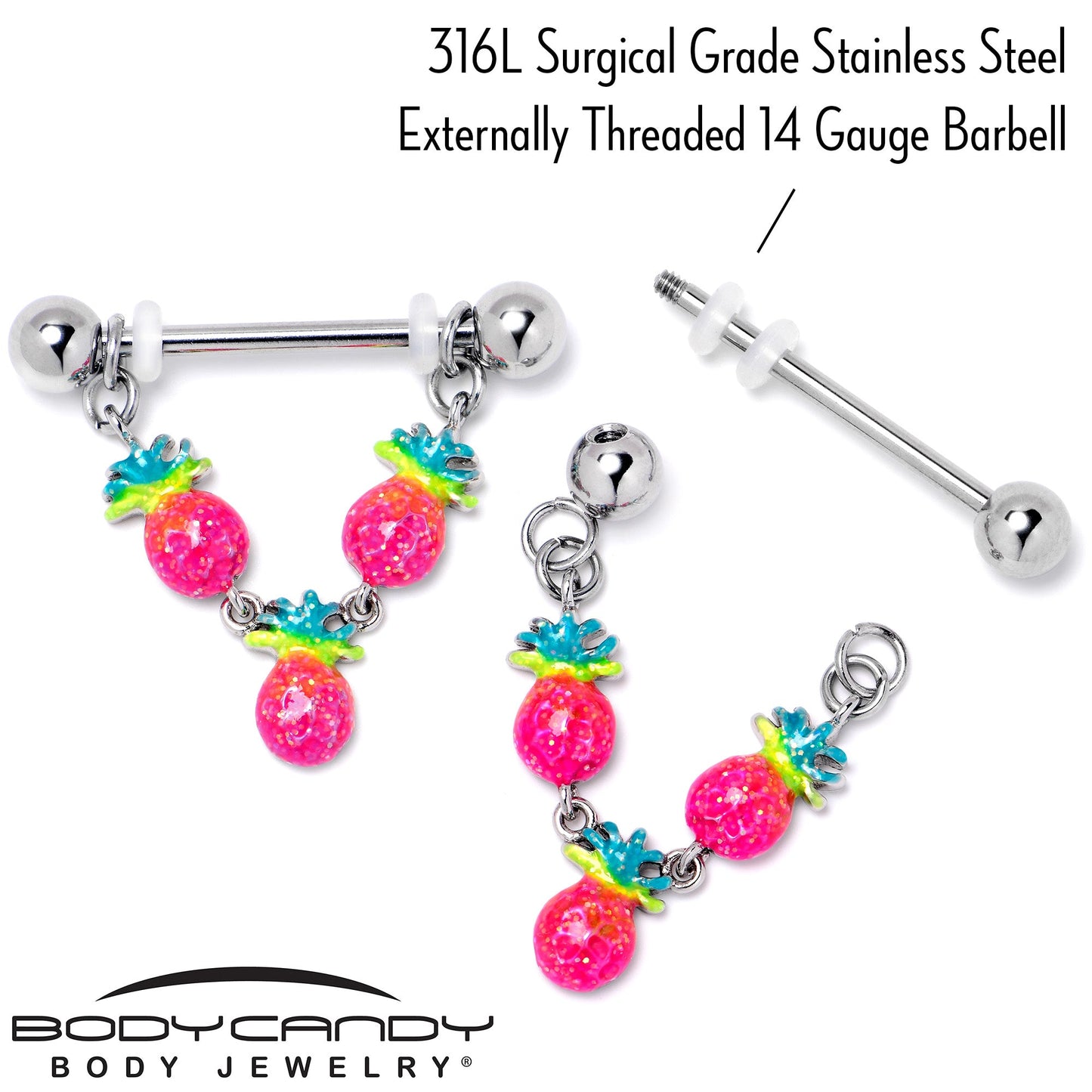 14G 9/16 Hot Tropical Pineapple Dangle Barbell Nipple Ring Set