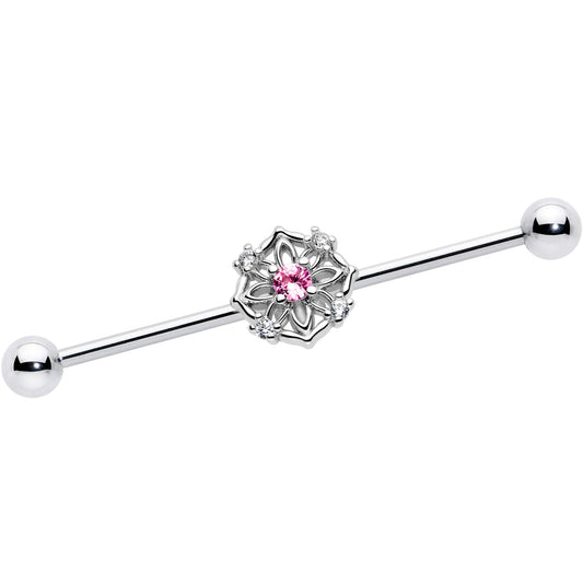 14G Pink CZ Gem Flower Circle Industrial Barbell 38mm