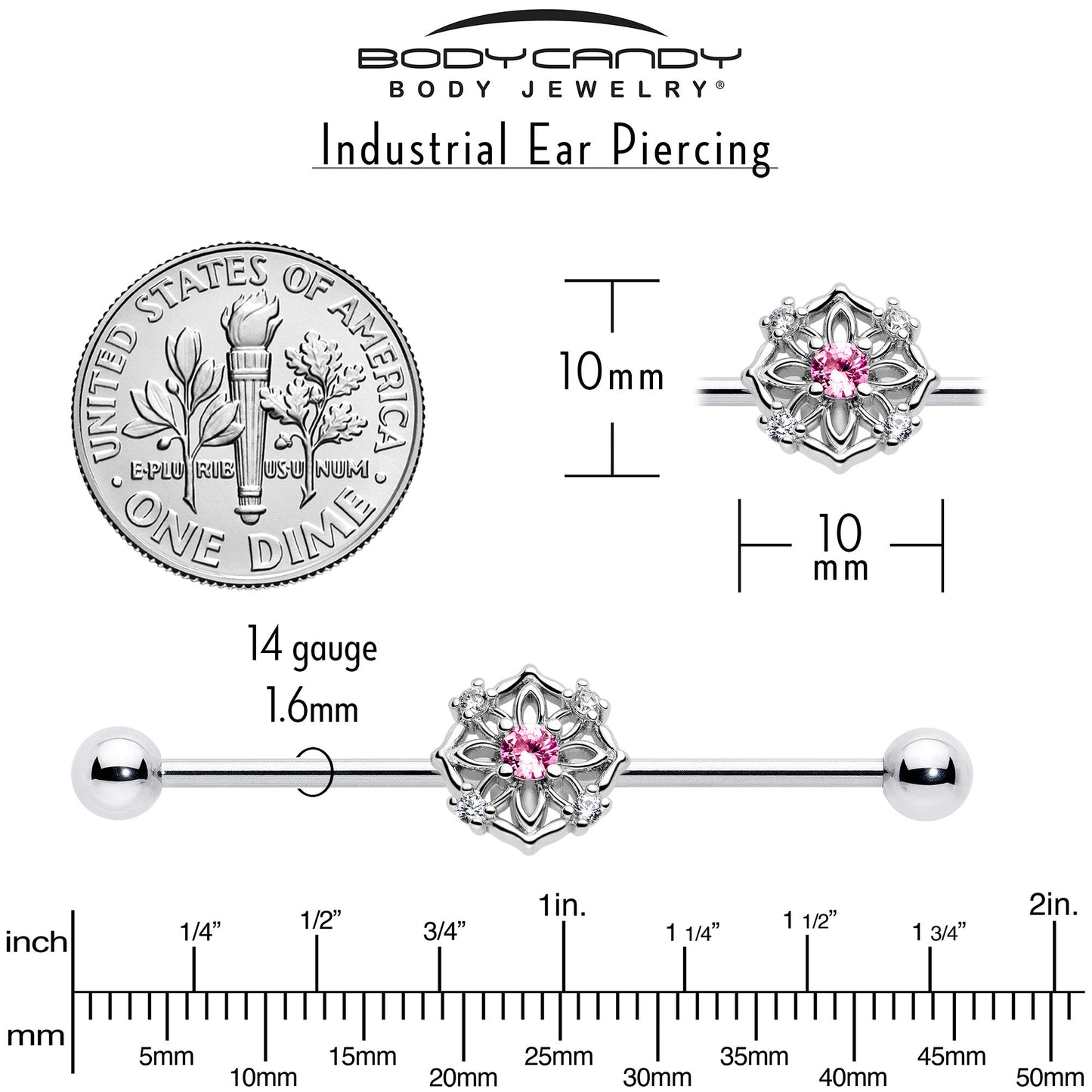 14G Pink CZ Gem Flower Circle Industrial Barbell 38mm