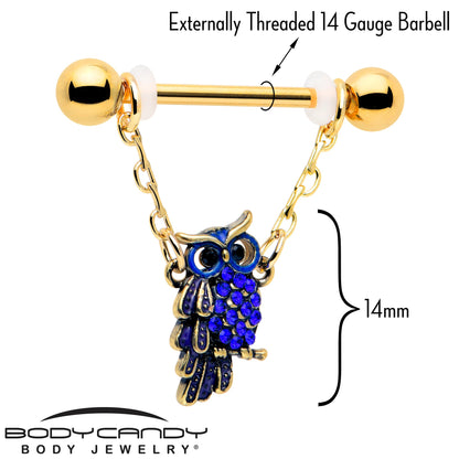14G 9/16 Blue Gem Gold Tone Sky Owl Chain Dangle Nipple Ring Set