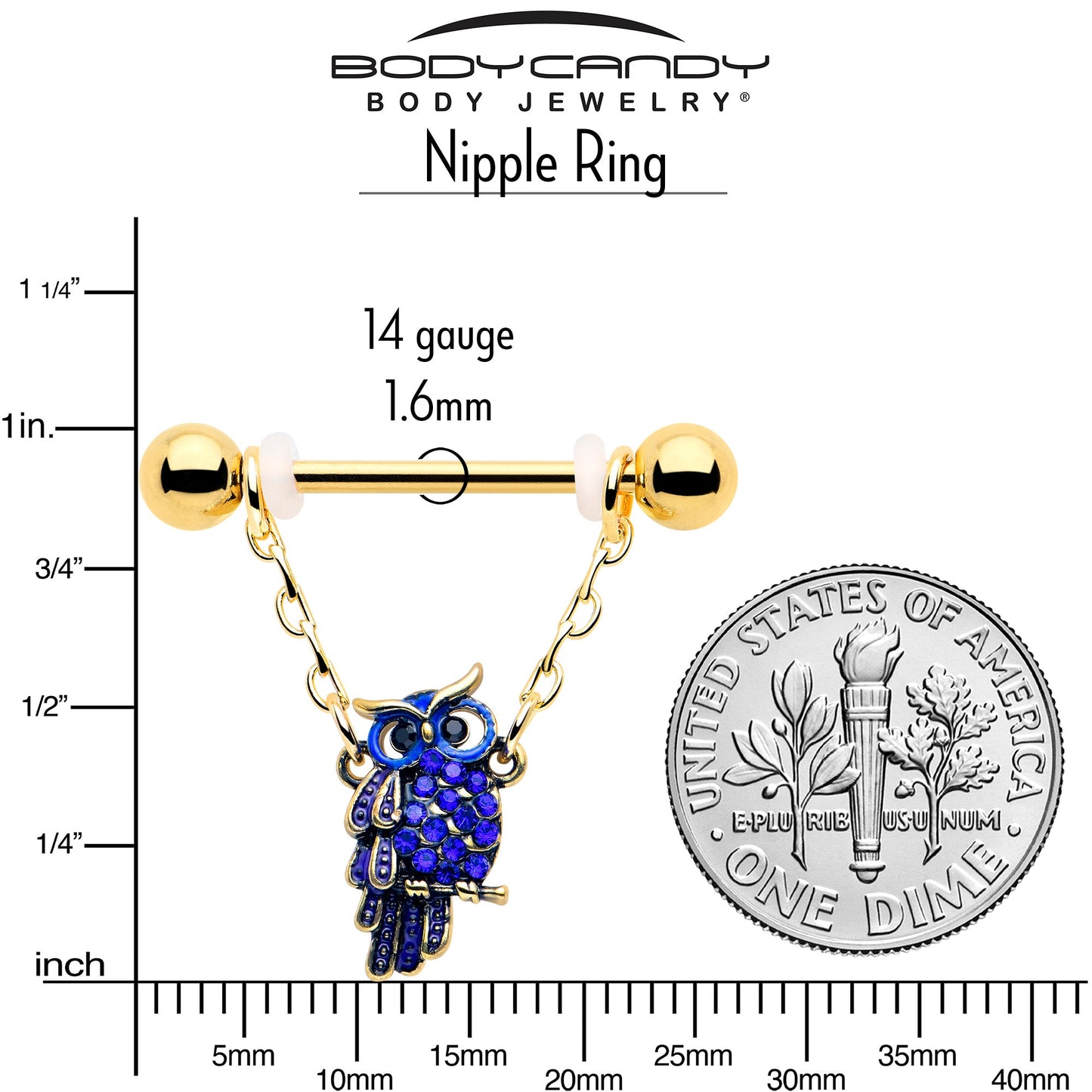 14G 9/16 Blue Gem Gold Tone Sky Owl Chain Dangle Nipple Ring Set