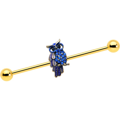 14G Blue Gem Gold Tone Sky Owl Industrial Barbell 38mm