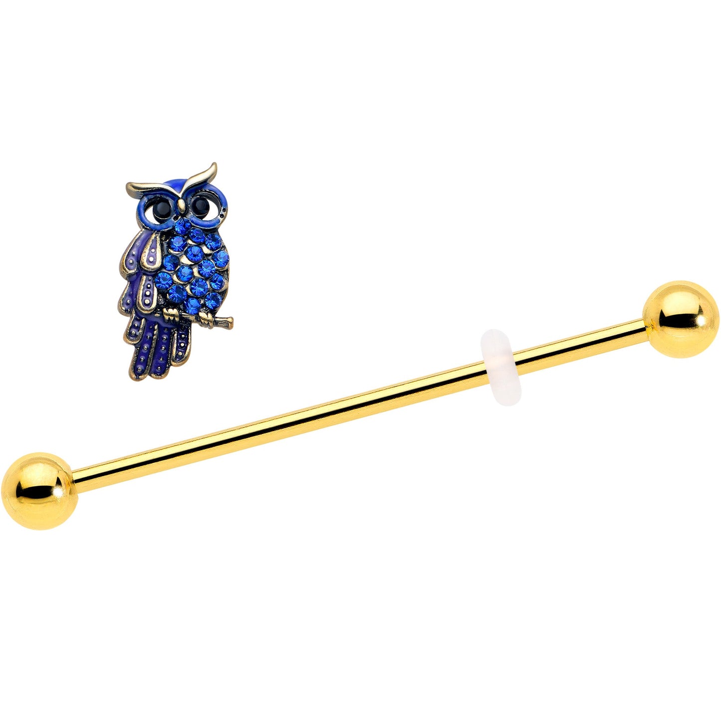 14G Blue Gem Gold Tone Sky Owl Industrial Barbell 38mm