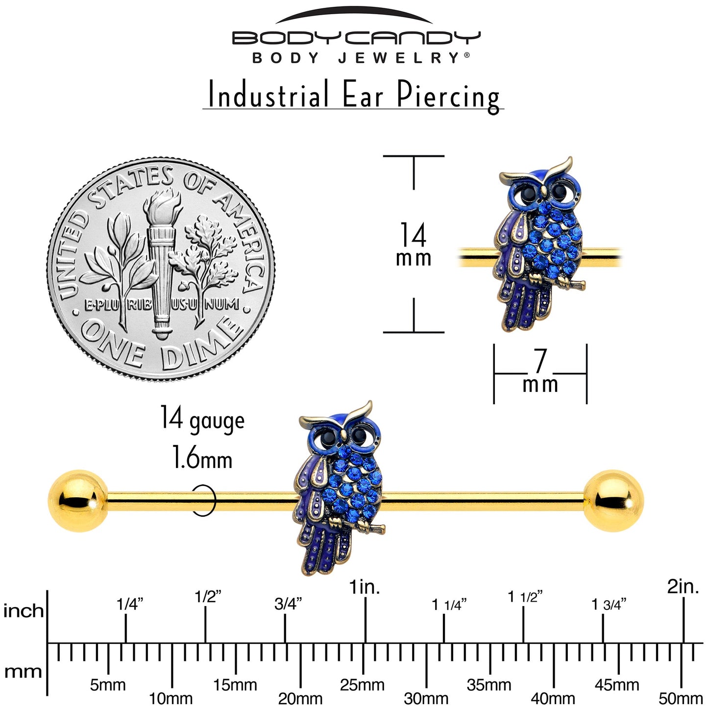 14G Blue Gem Gold Tone Sky Owl Industrial Barbell 38mm