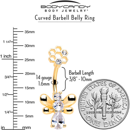 Clear CZ Gem Gold Tone Bee Hive Luv Double Mount Belly Ring