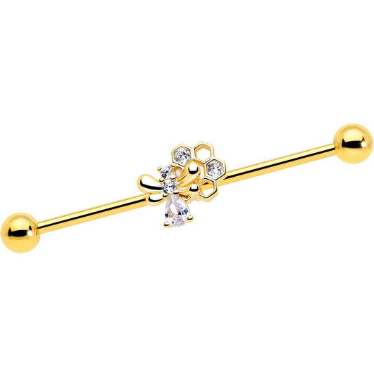 14G Clear CZ Gem Gold Tone Bee Hive Luv Industrial Barbell 38mm