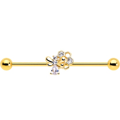 14G Clear CZ Gem Gold Tone Bee Hive Luv Industrial Barbell 38mm