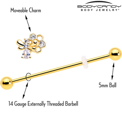 14G Clear CZ Gem Gold Tone Bee Hive Luv Industrial Barbell 38mm