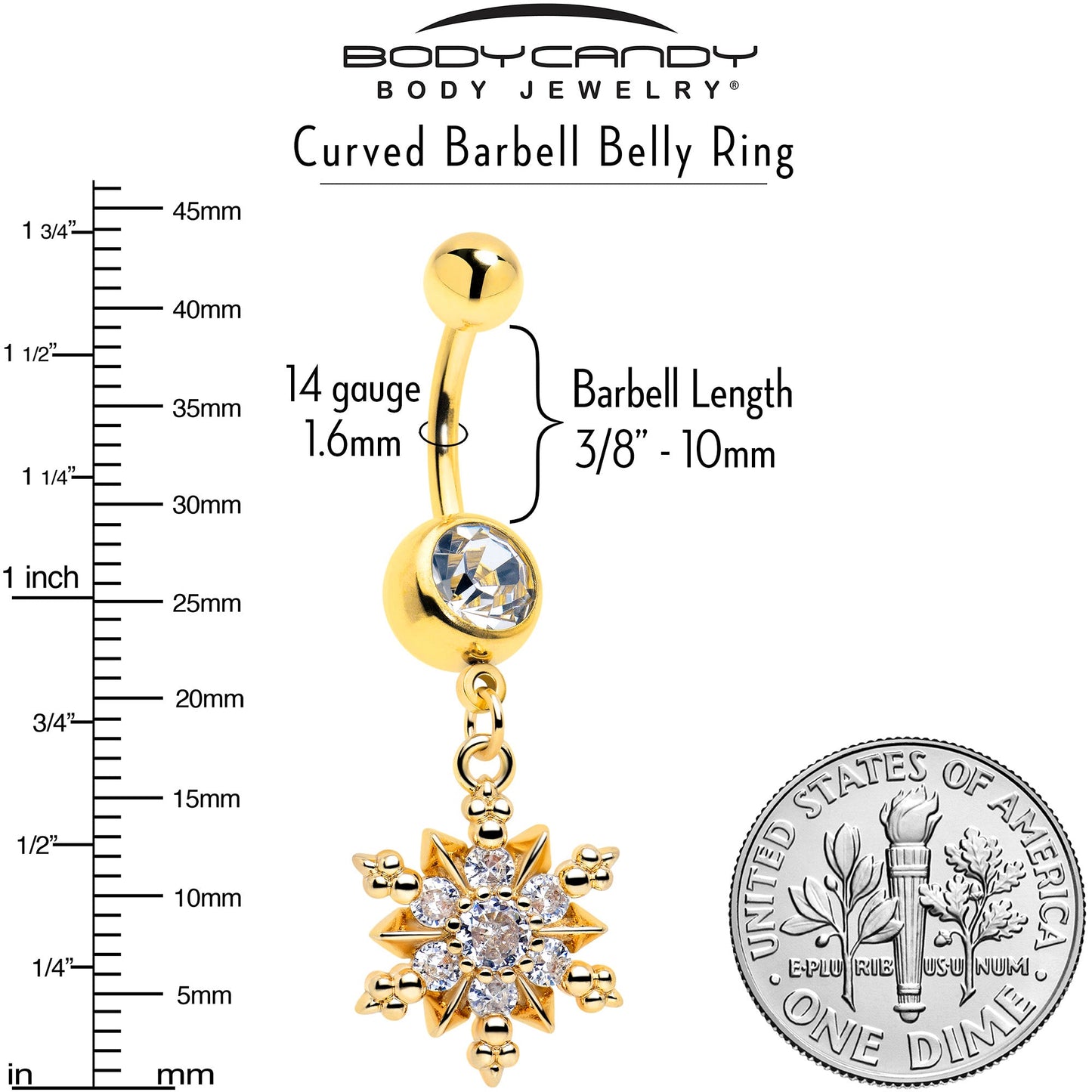 Clear CZ Gem Gold Tone Glam Snowflake Dangle Belly Ring