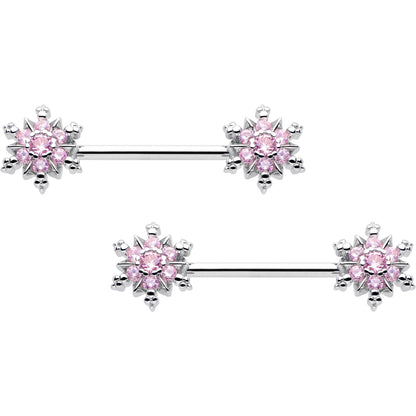 14G 9/16 Pink CZ Gem Snowflake Glam Barbell Nipple Ring Set