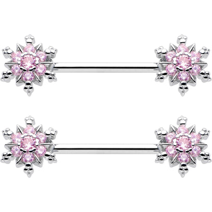 14G 9/16 Pink CZ Gem Snowflake Glam Barbell Nipple Ring Set