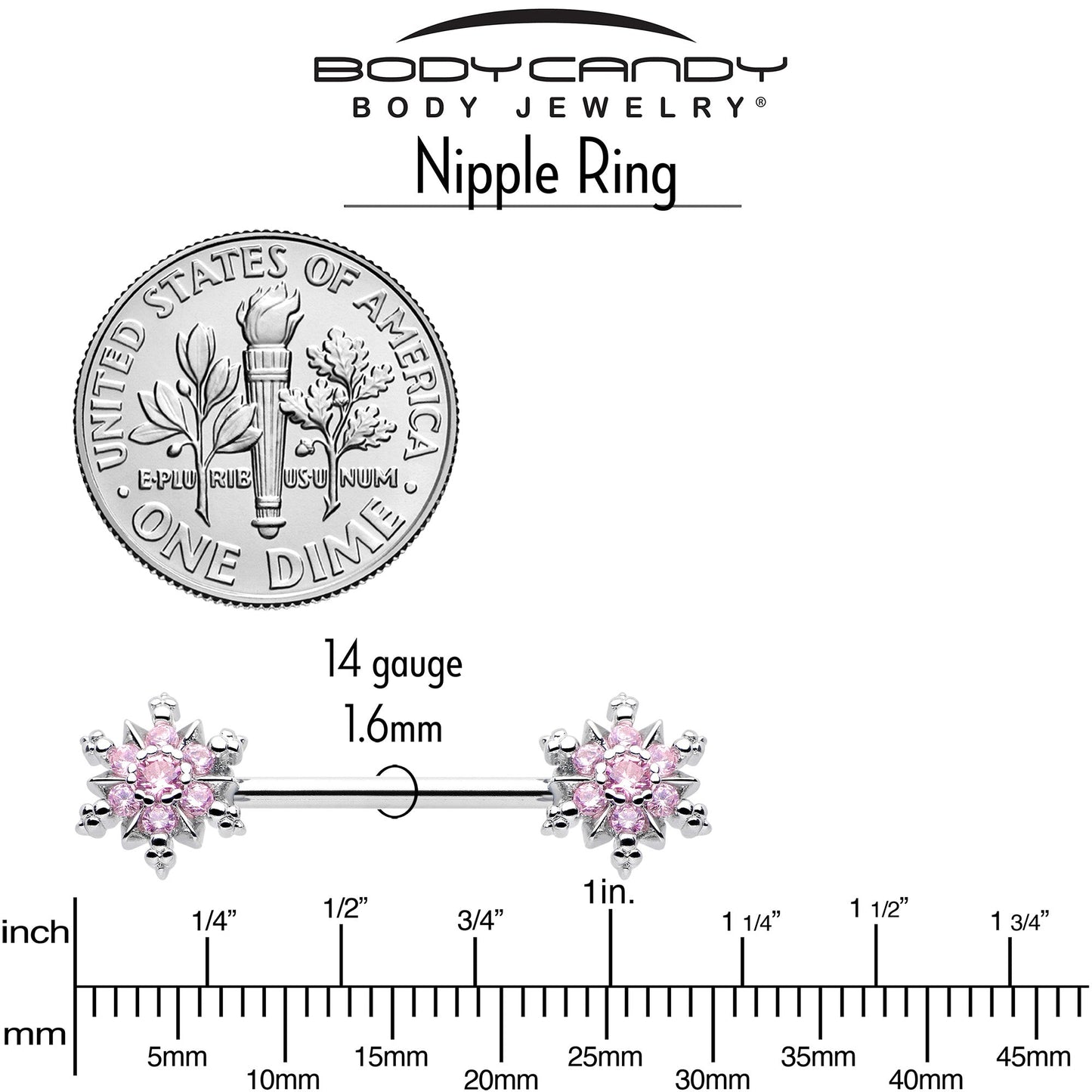 14G 9/16 Pink CZ Gem Snowflake Glam Barbell Nipple Ring Set