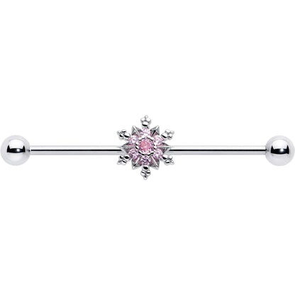 14G Pink CZ Gem Snowflake Glam Industrial Barbell 38mm