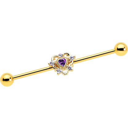 14G Purple CZ Gem Gold Tone Heart of Love Industrial Barbell 38mm