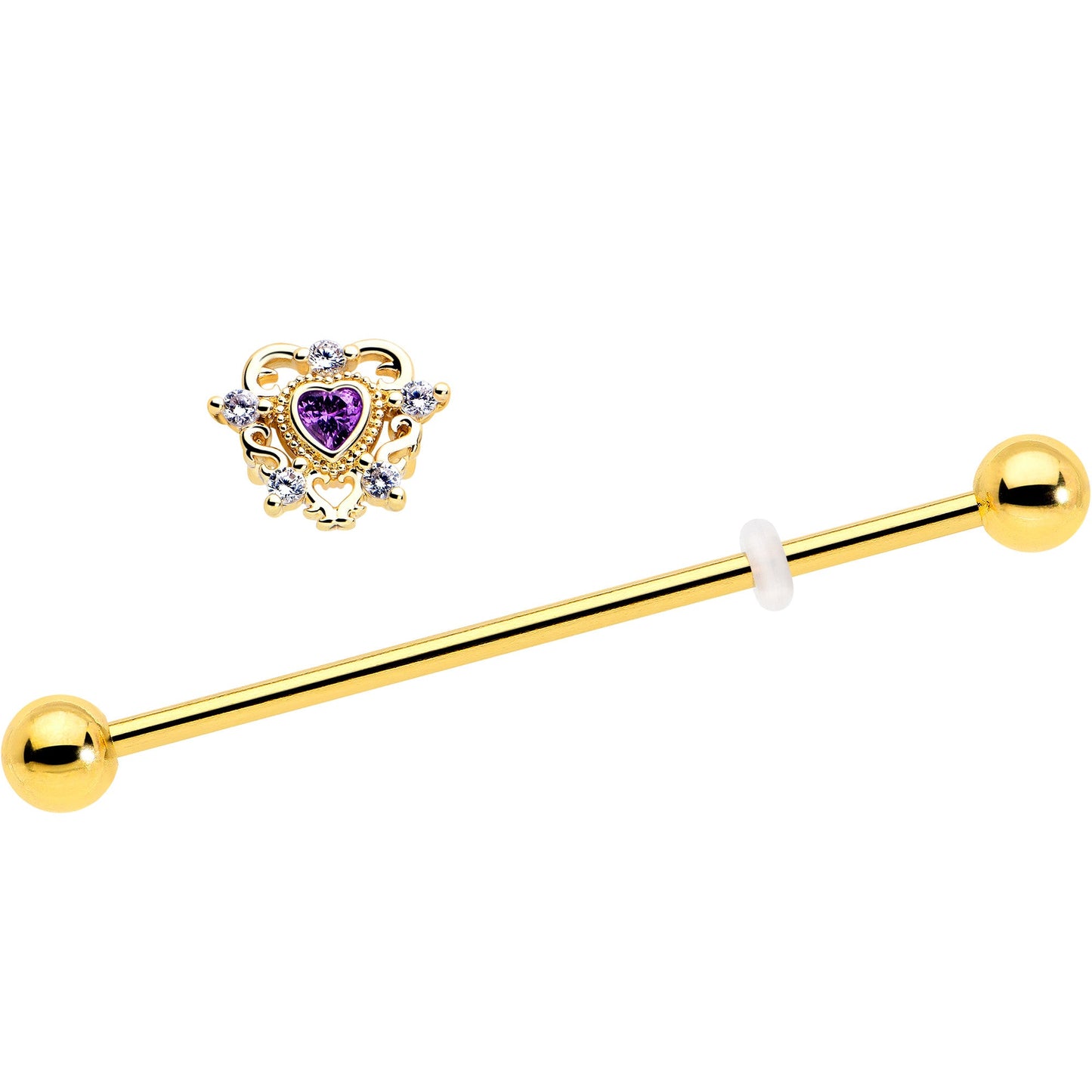 14G Purple CZ Gem Gold Tone Heart of Love Industrial Barbell 38mm