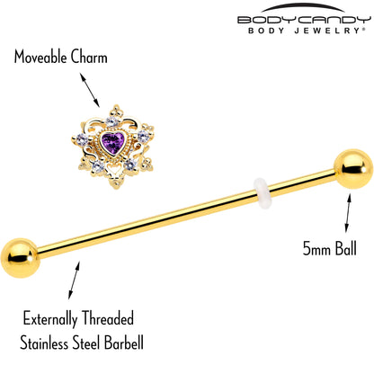 14G Purple CZ Gem Gold Tone Heart of Love Industrial Barbell 38mm