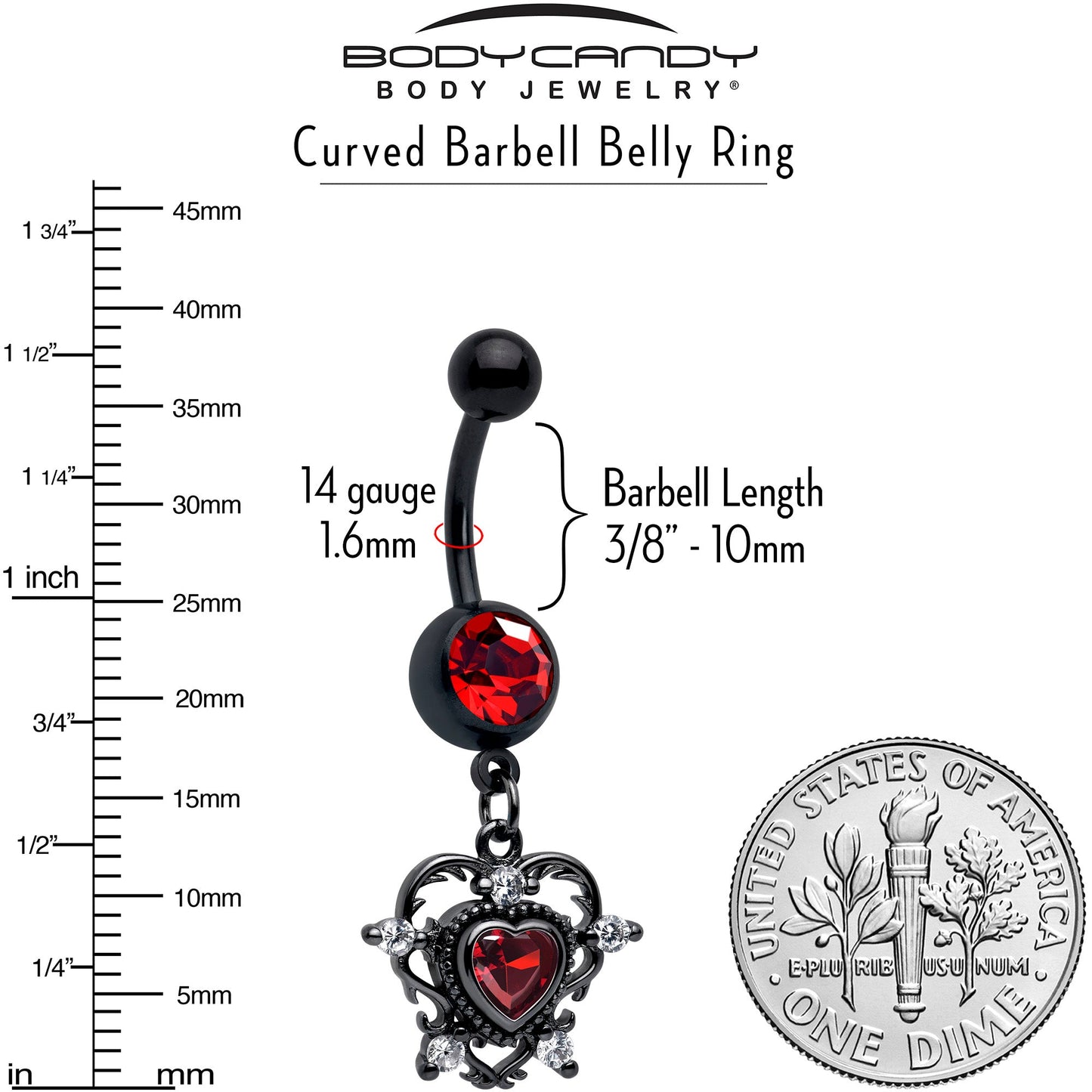 Red CZ Gem Black Double Heart Dangle Belly Ring