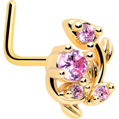 20G 7mm Pink Gem Gold Tone Twining Vine L Shape Nose Ring