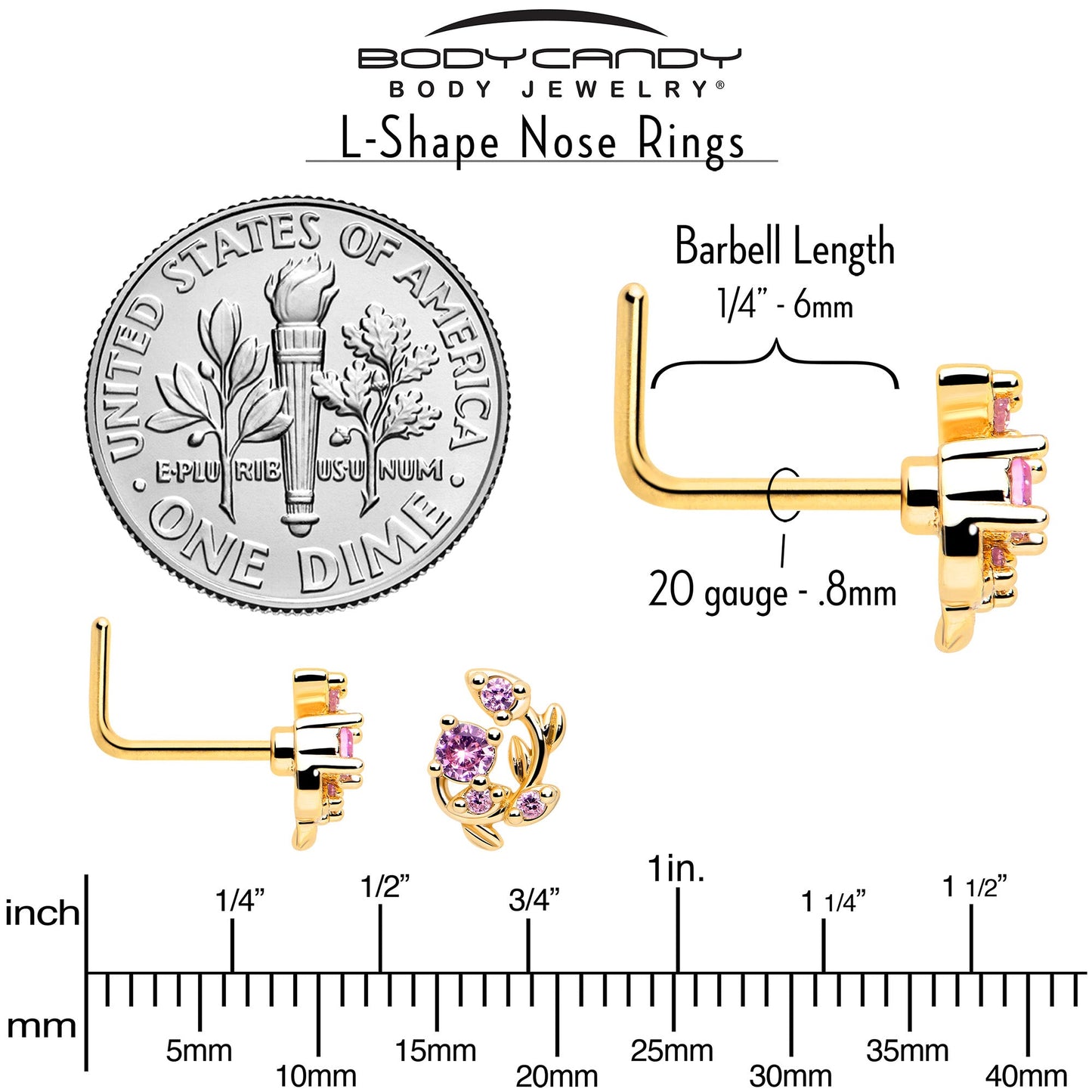 20G 7mm Pink Gem Gold Tone Twining Vine L Shape Nose Ring