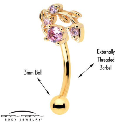 16G 5/16 Pink Gem Gold Tone Twining Vine Curved Eyebrow Ring