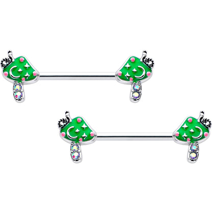 14G 9/16 Aurora Gem Fanciful Green Mushroom Barbell Nipple Ring Set