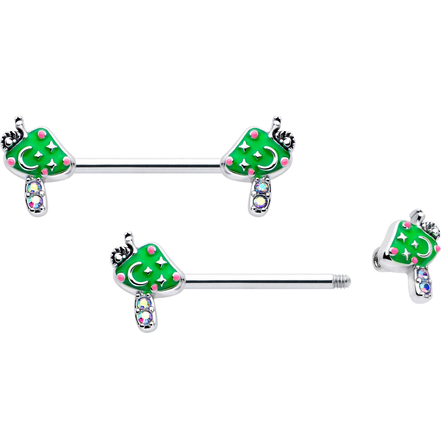 14G 9/16 Aurora Gem Fanciful Green Mushroom Barbell Nipple Ring Set
