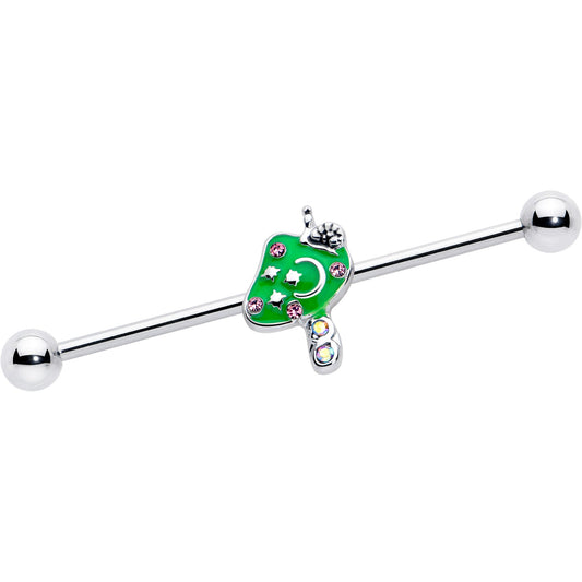 14G Pink Gem Fanciful Green Mushroom Industrial Barbell 38mm