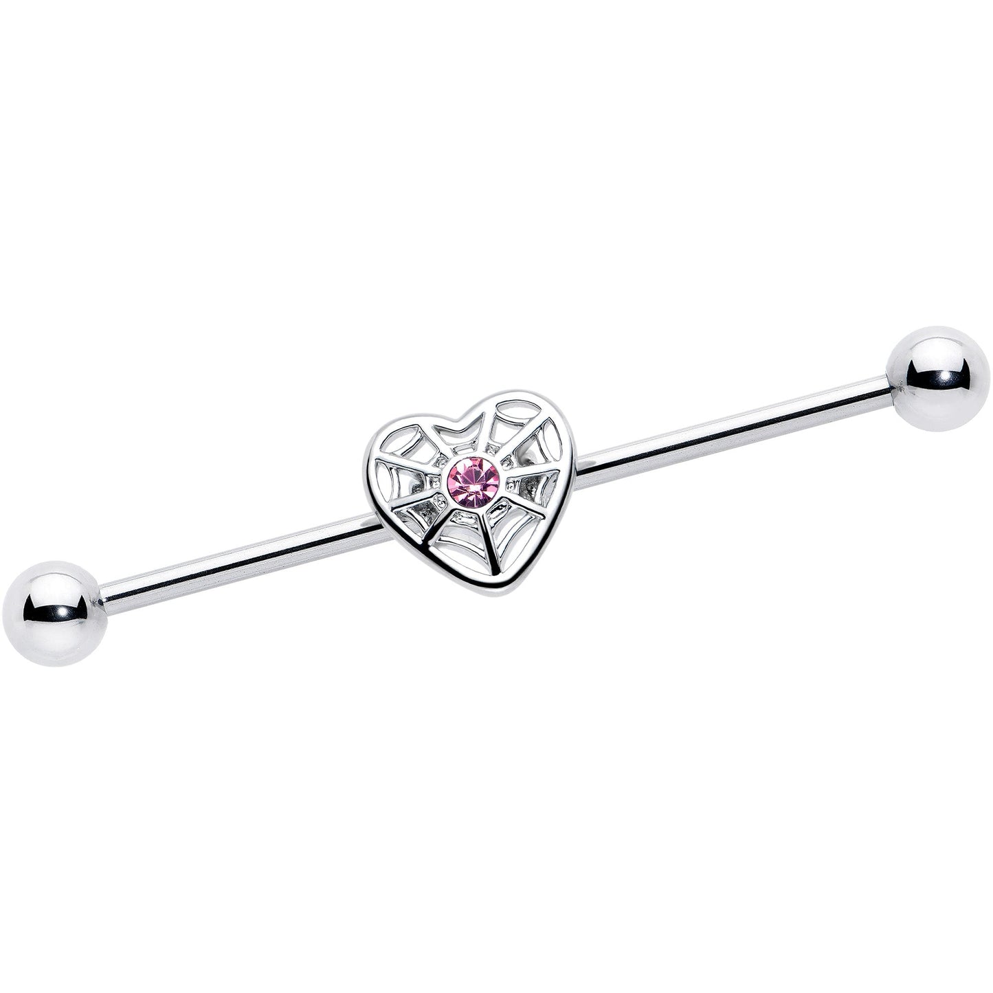 14G Pink Gem Spiderweb Heart Love Industrial Barbell 38mm