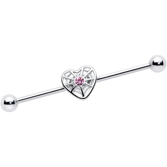 14G Pink Gem Spiderweb Heart Love Industrial Barbell 38mm
