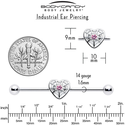 14G Pink Gem Spiderweb Heart Love Industrial Barbell 38mm